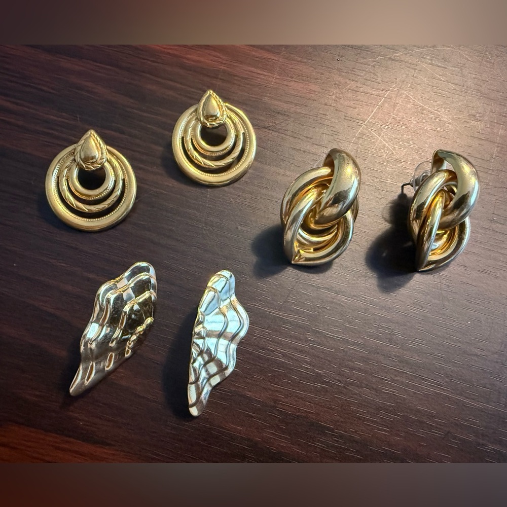Three Pair Gold Tone Pierced Earring Bundle Costume Modest Mature Office